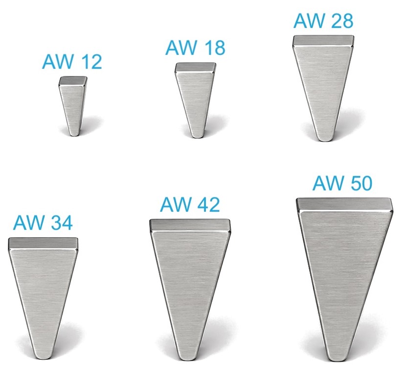 AW Series wedge wire profile cross-sections — AW 12, AW 18, AW 28, AW 34, AW 42, AW 50 — single-angle stainless steel V-shaped filtration wire for industrial screens