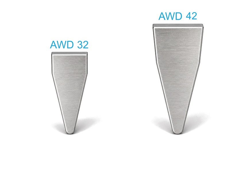 AWD Series dual-angle wedge wire profile cross-sections — AWD 32 and AWD 42 — compound-angle stainless steel wire for high open-area filtration screens